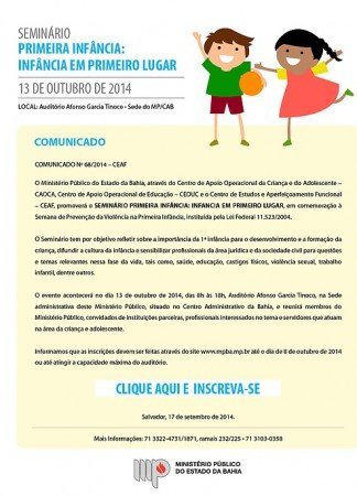 Seminário Primeira Infância: Infância em Primeiro Lugar será realizado em Salvador