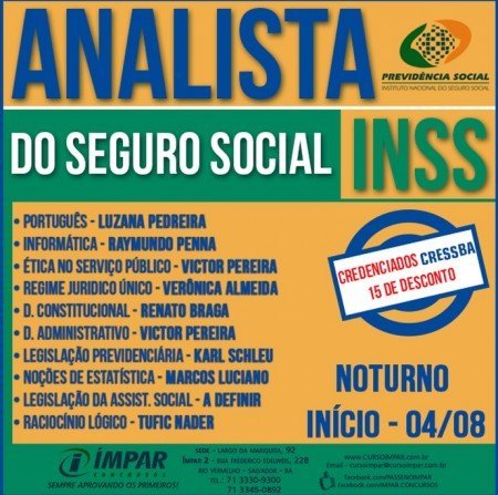 Curso Ímpar abre nova turma preparatória para concurso do INSS e oferece 15% de desconto para Assistentes Sociais inscritas/os no CRESS-BA