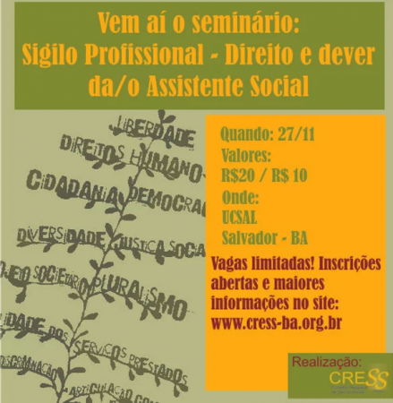 Abertas inscrições para seminário sobre Sigilo Profissional promovido pelo CRESS-BA em Novembro