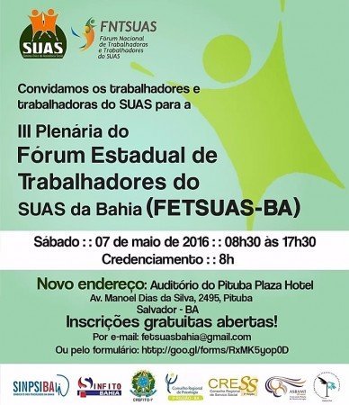 Divulgada programação da III Plenária do Fórum Estadual Trabalhadores do SUAS da Bahia