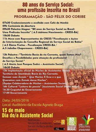 Divulgada programação do dia da/o assistente social em São Félix do Coribe