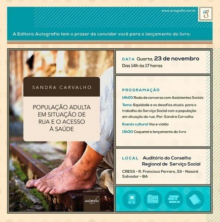 Livro População Adulta em Situação de Rua e o Acesso à Saúde será lançado no CRESS-BA na próxima quarta (23)