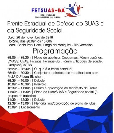 FETSUAS-BA convida para reunião de criação da Frente Estadual de Defesa do SUAS e da seguridade Social