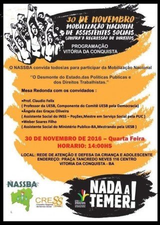 Nada a Temer: Divulgada programação do NASSBA para o dia nacional de mobilização de Assistentes Sociais em Vitória da Conquista