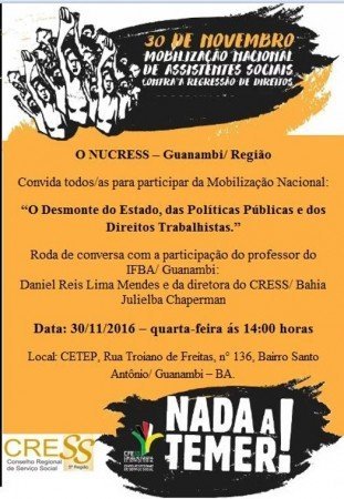Nada a Temer: Divulgada programação do NUCRESS para o dia nacional de mobilização de Assistentes Sociais em Guanambi