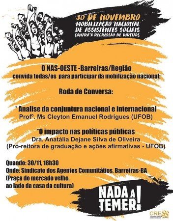 Nada a Temer: Divulgada programação do NAS-OESTE para o dia nacional de mobilização de Assistentes Sociais em Barreiras
