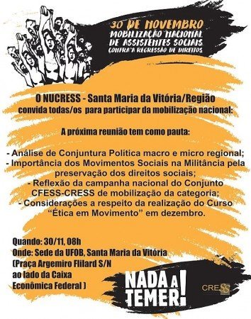 Nada a Temer: Divulgada programação do NUCRESS para o dia nacional de mobilização de Assistentes Sociais em Santa Maria da Vitória