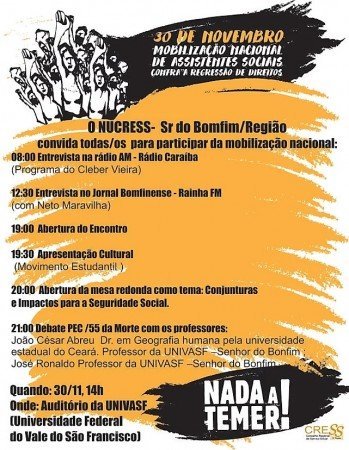 Nada a Temer: Divulgada programação para o dia nacional de mobilização de Assistentes Sociais em Senhor do Bomfim