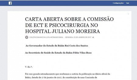 CARTA ABERTA SOBRE A COMISSÃO DE ECT E PSICOCIRURGIA NO HOSPITAL JULIANO MOREIRA