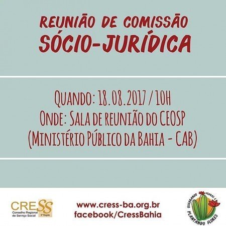 Comissão sociojuridica do CRESS-BA realizará reunião nesta sexta