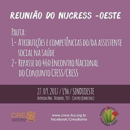 NUCRESS-OESTE divulga data de sua próxima reunião
