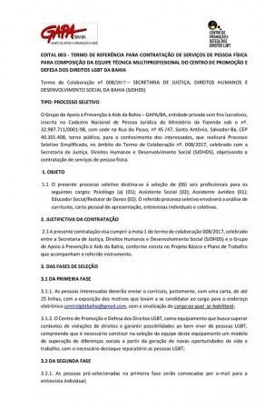 Divulgado edital para composição da equipe técnica multiprofissional do centro de promoção e defesa dos direitos LGBT da Bahia