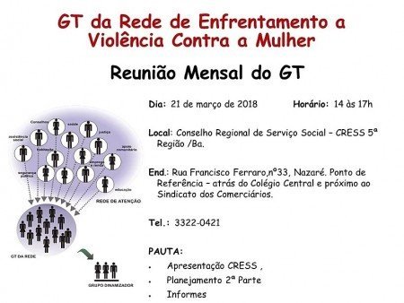 GT  da rede de enfrentamento a violência contra a mulher se reúne nesta quarta (21) no CRESS-BA