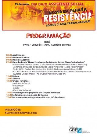 Confira a programação do evento comemorativo do dia da/o assistente social em Irecê
