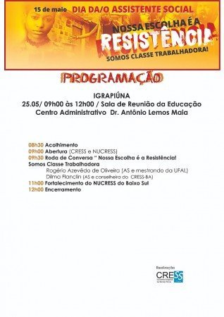 Divulgada programação do evento comemorativo do dia da/o assistente social em Igrapiúna