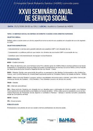 Confira a programação do XXVII seminário anual de serviço social do Hospital Geral Roberto Santos