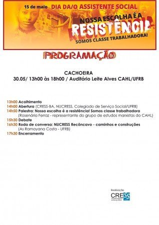 Confira a programação do evento comemorativo ao dia do/a assistente social em Cachoeira