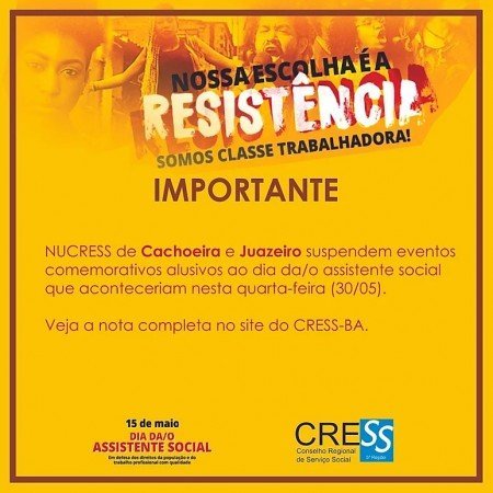 Suspensas atividades comemorativas alusivas ao dia da/o assistente social em Cachoeira e Juazeiro