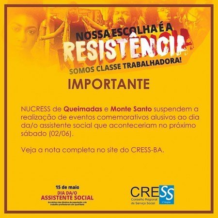 Suspensas atividades comemorativas alusivas ao dia da/o assistente social em Monte Santo e Queimadas