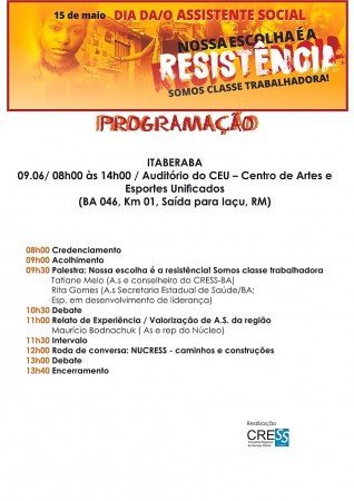 Confira a programação do evento comemorativo alusivo ao dia da/o assistente social em Itaberaba