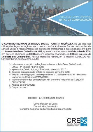 I Assembleia Geral Ordinária de 2018 do CRESS-BA acontecerá em julho