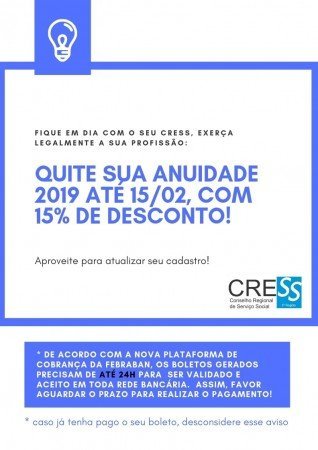 Emita seu boleto 2019 e quite sua anuidade até o dia 15/02 com 15% de desconto!