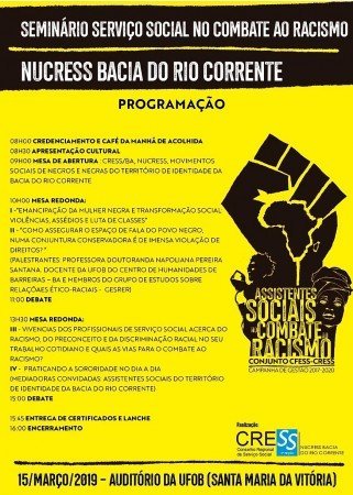 Seminário Serviço Social no Combate ao Racismo acontecerá no município Santa Maria da Vitória em março