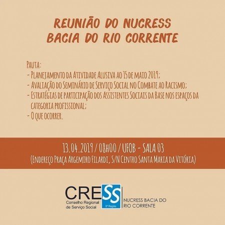 NUCRESS Bacia do Rio Corrente realizará sua próxima reunião no dia 13/04