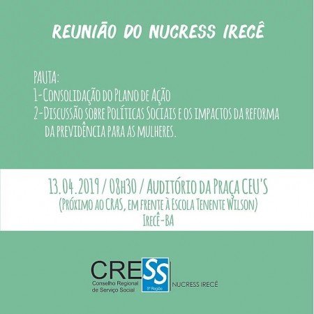NUCRESS Irecê realizará reunião neste sábado (13/04) *Publicado em 08/04/2019