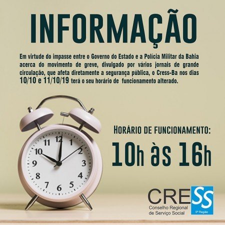 Cress-BA alterou o horário de funcionamento até o dia 11/10/19. 