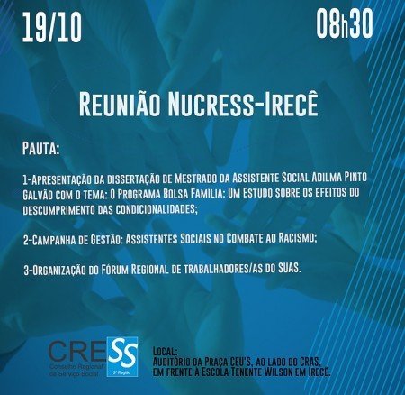 Atenção Assistente Social! O NUCRESS Irecê realizará reunião dia 19 de outubro.
