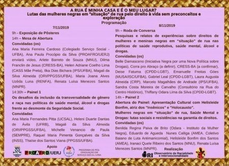 Atenção Assistente Social! Confiram a programação final do *Quilolo Bahia-Rio 2019*, intitulado *A RUA É MINHA CASA E É O MEU LUGAR? 