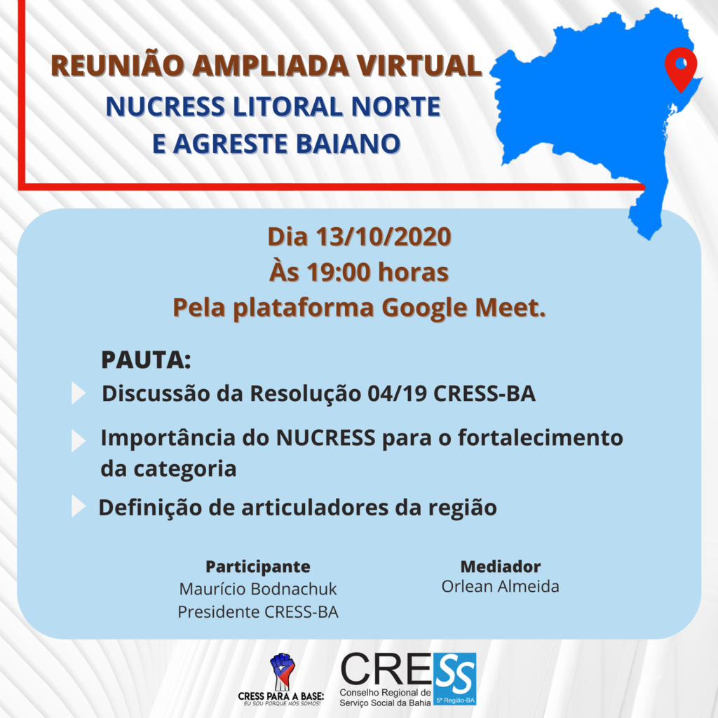 Participe da reunião ampliada virtual do NUCRESS Litoral Norte e Agreste Baiano