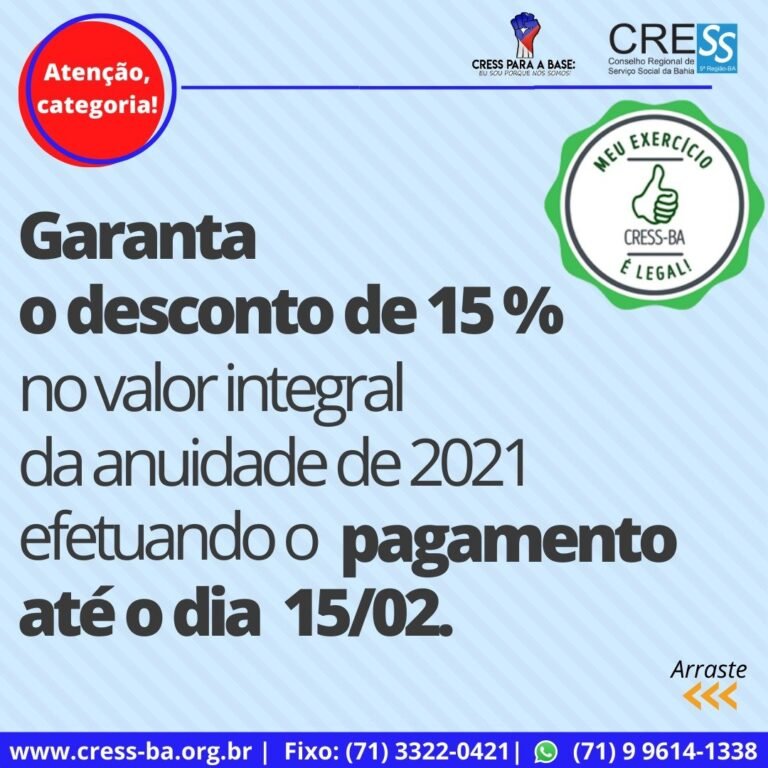 Desconto de 15 % no valor integral da anuidade de 2021 vai até o dia 15/02