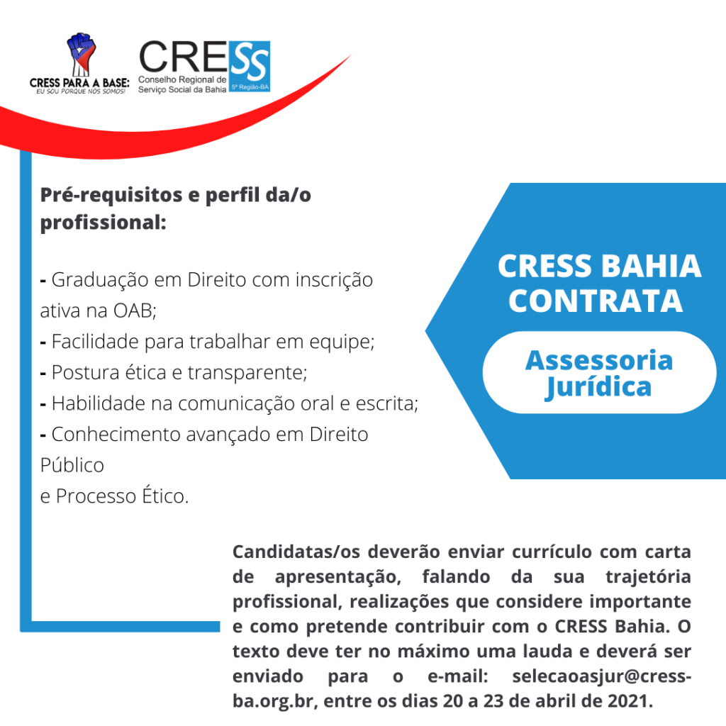 CRESS BA Anuncia vaga para Assessoria Jurídica até  23/04