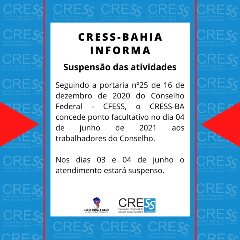 CRESS-BA tem atendimento suspenso nos dias 03 e 04 de junho