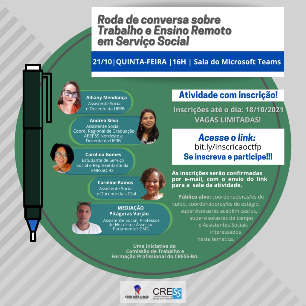 Comissão de Trabalho e Formação Profissional CRESS-BA realiza atividade em 21/10. Confira e participe!