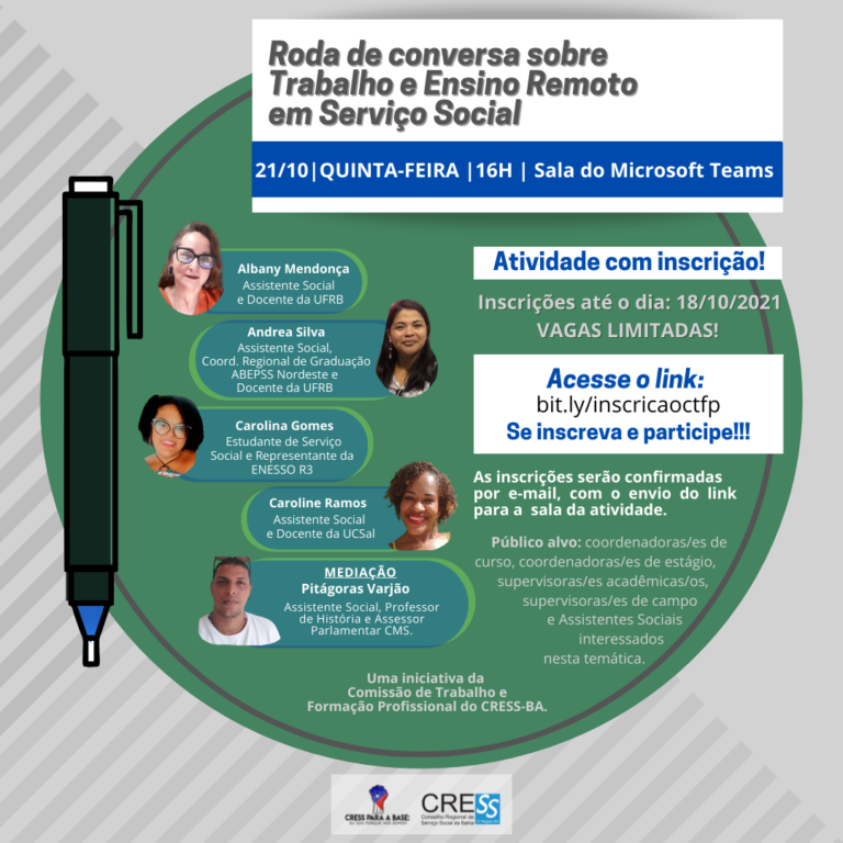 Comissão de Trabalho e Formação Profissional CRESS-BA realiza atividade em 21/10. Confira e participe!