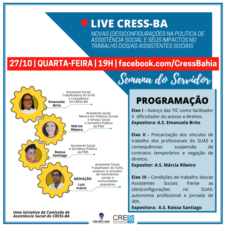 Comissão de Assistência Social CRESS-BA promove live em Alusão a Semana do/a Servidor/a em 27/10, participe!