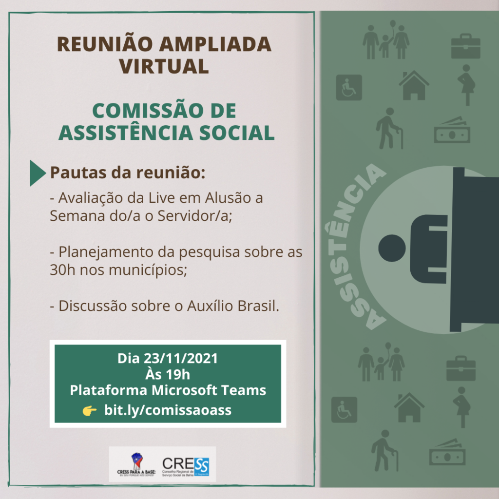 Reunião Ampliada Virtual da Comissão de Assistência Social dia 23/11, participe!