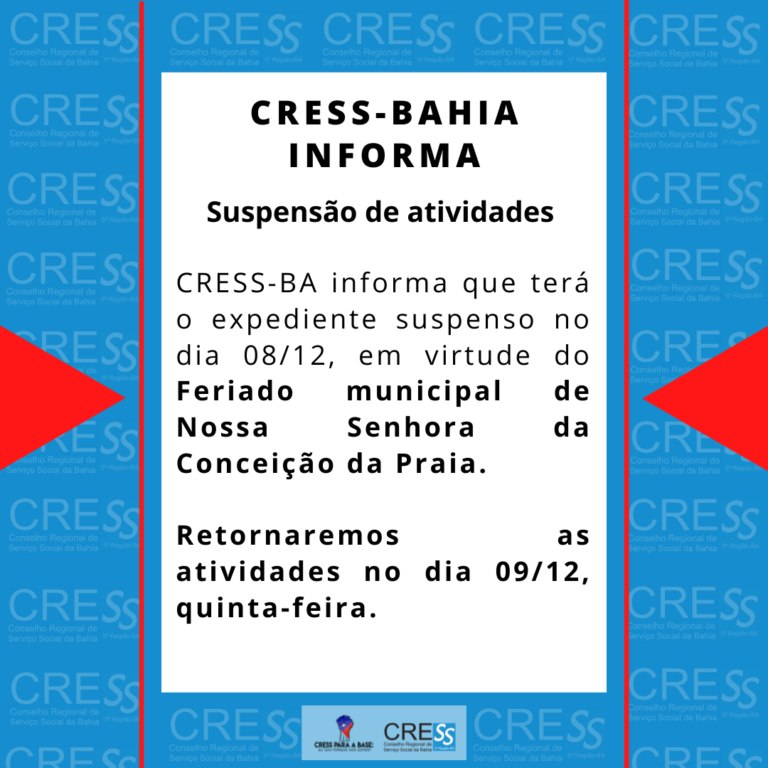 CRESS-BA suspende atividade no dia 08/12 por conta do feriado municipal