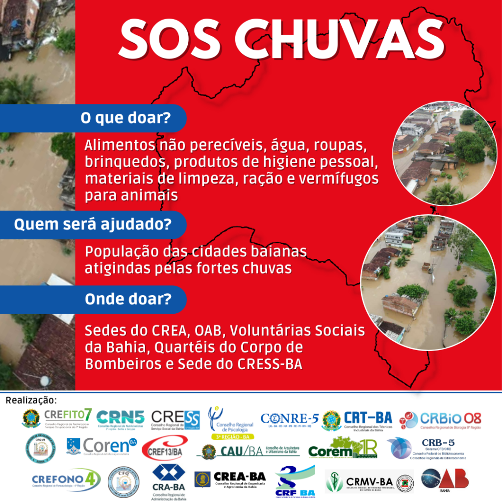 Conselhos Profissionais da Bahia se reúnem para ajudar vítimas das fortes chuvas no estado