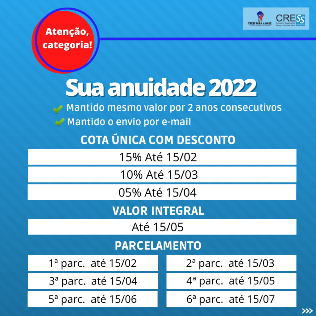 Sua anuidade 2022. Saiba sobre prazos, descontos e parcelamento.