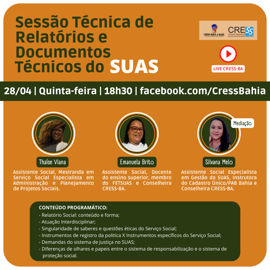 CRESS-BA promove Sessão Técnica de Relatórios e Documentos Técnicos do SUAS, participe!