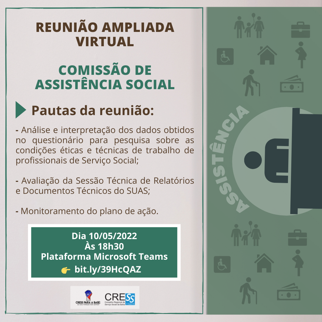 Reunião da Comissão de Assistência Social CRESS-BA dia 10/05, participe!