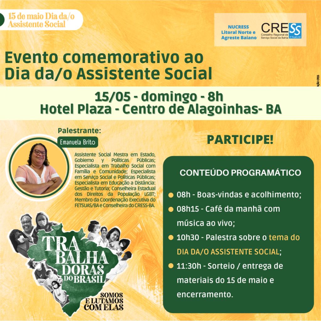 Evento em comemoração ao 15 de maio – NUCRESS Litoral Norte e Agreste Baiano – amanhã dia 15/05, participe!