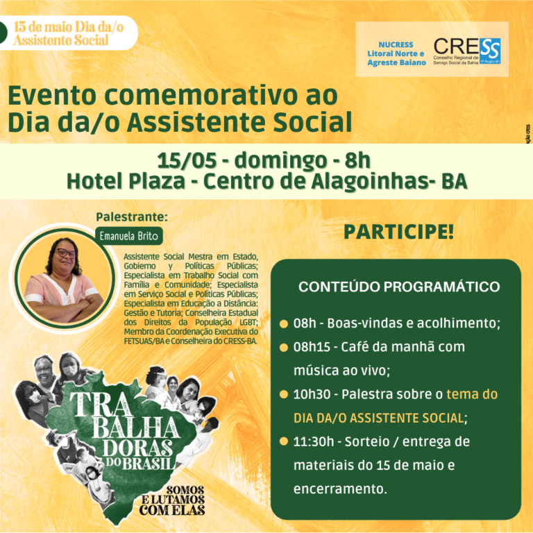 Evento em comemoração ao 15 de maio – NUCRESS Litoral Norte e Agreste Baiano – amanhã dia 15/05, participe!