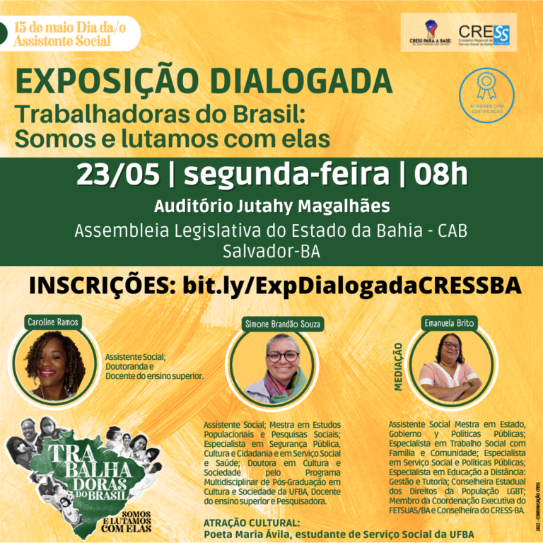 CRESS-BA realiza evento presencial em alusão ao Dia da/o Assistente Social em Salvador-BA dia 23/05, participe!