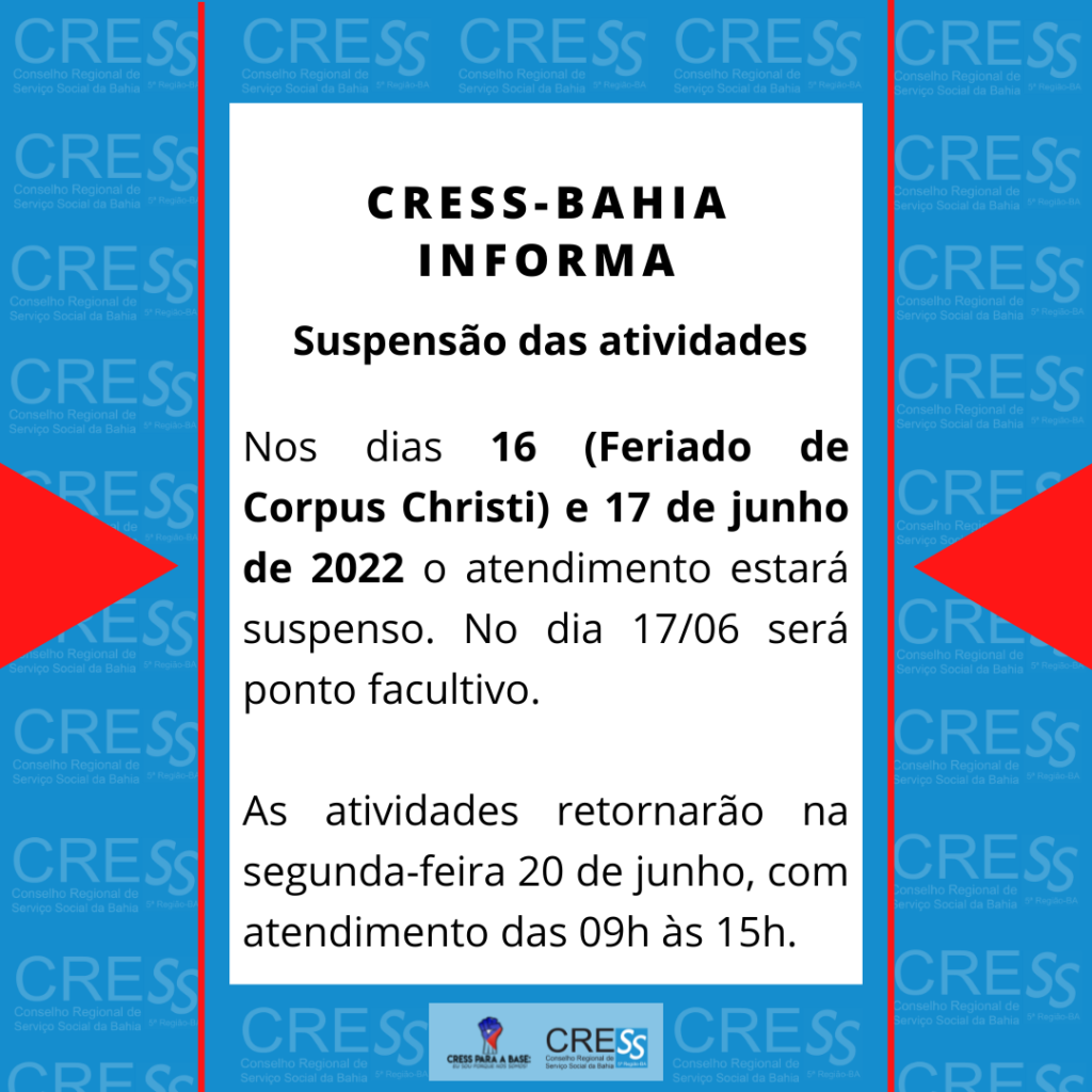 Suspensão das atividades nos dia 16 e 17 de junho por conta do feriado de Corpus Christi, saiba mais!