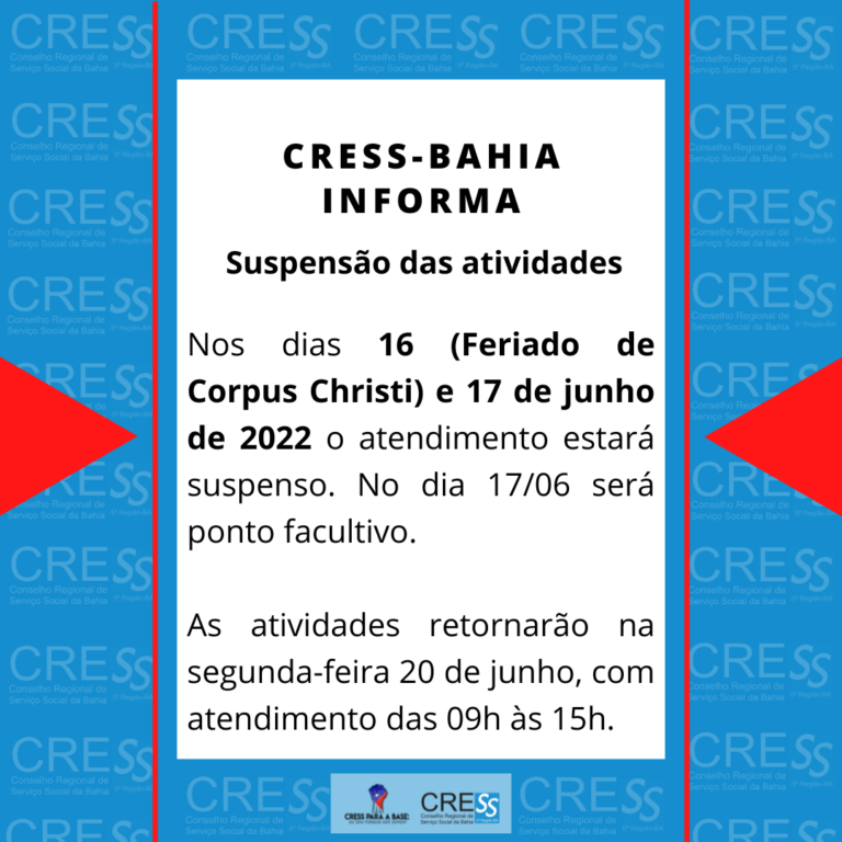 Suspensão das atividades nos dia 16 e 17 de junho por conta do feriado de Corpus Christi, saiba mais!
